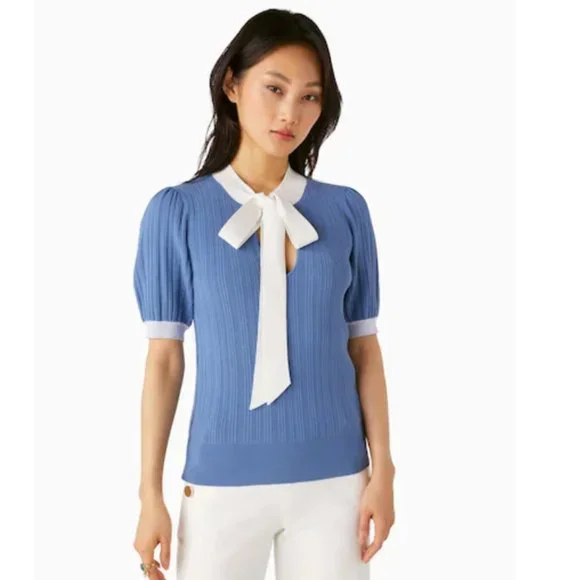 kate spade Colorblock Bow-neck Sweater top blouse blue white size small nwt - Picture 1 of 4